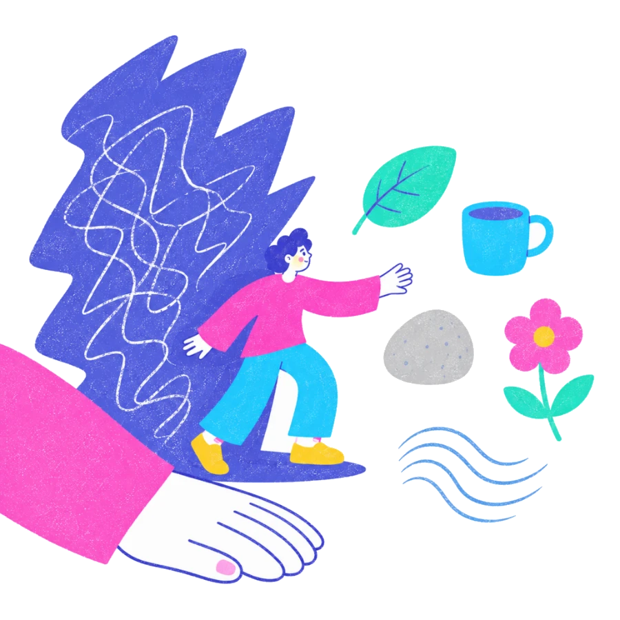 Fenweh &mdash; a person stepping out of a dark tangle toward simple present-moment objects, illustrating grounding